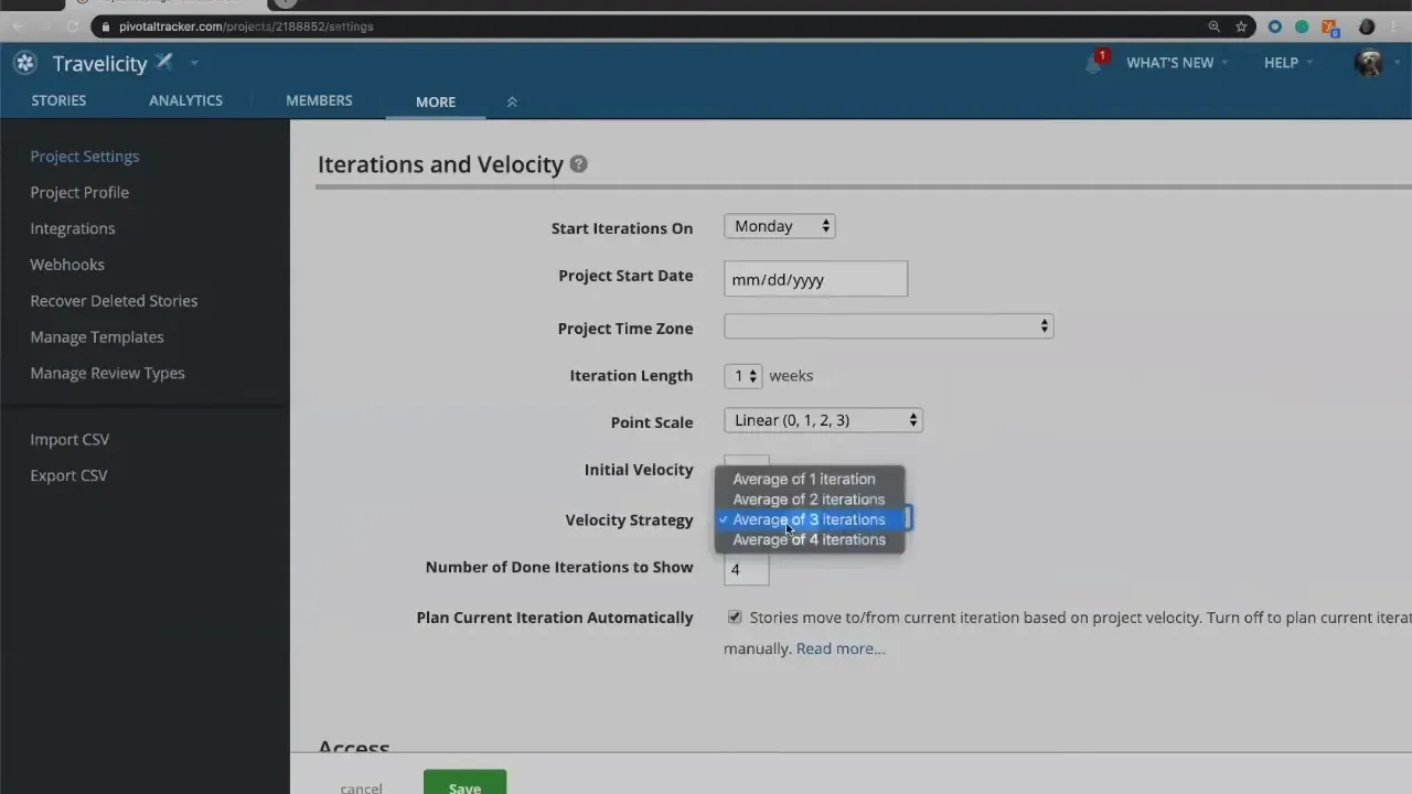 Velocity Strategy dropdown open with 'Average of 3 iterations' selected in the Iterations and Velocity settings.