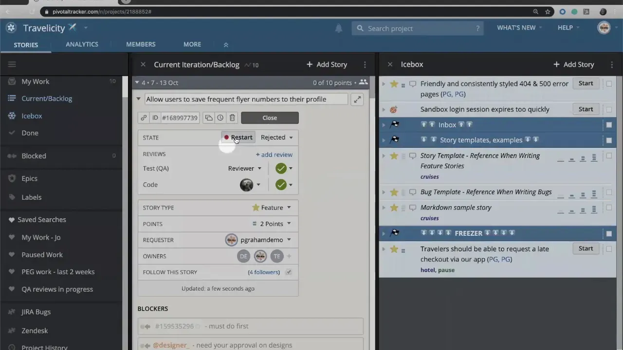 Cursor hovering over the Restart control in the LiteTracker story details panel (Rejected state).