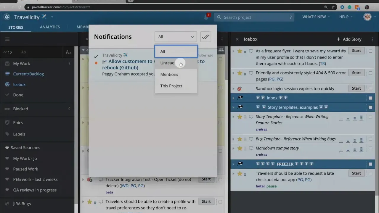 LiteTracker notifications dropdown open showing filter options: All, Unread, Mentions, This Project.
