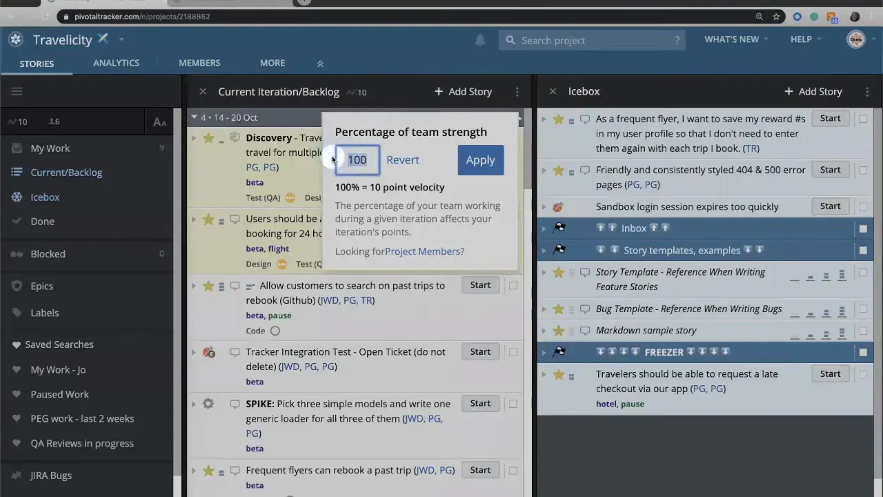 LiteTracker team strength dialog with input set to 100% and Apply button