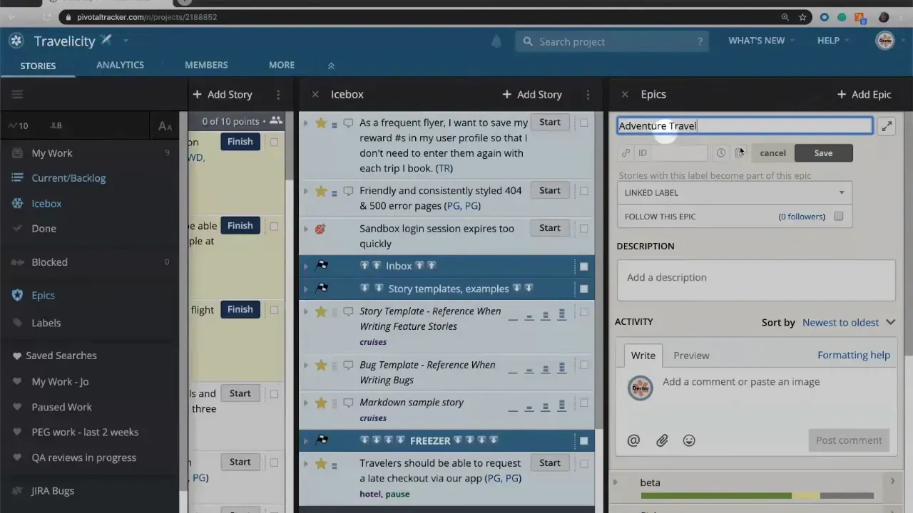LiteTracker epics panel with new epic name 'Adventure Travel' typed in and description field visible
