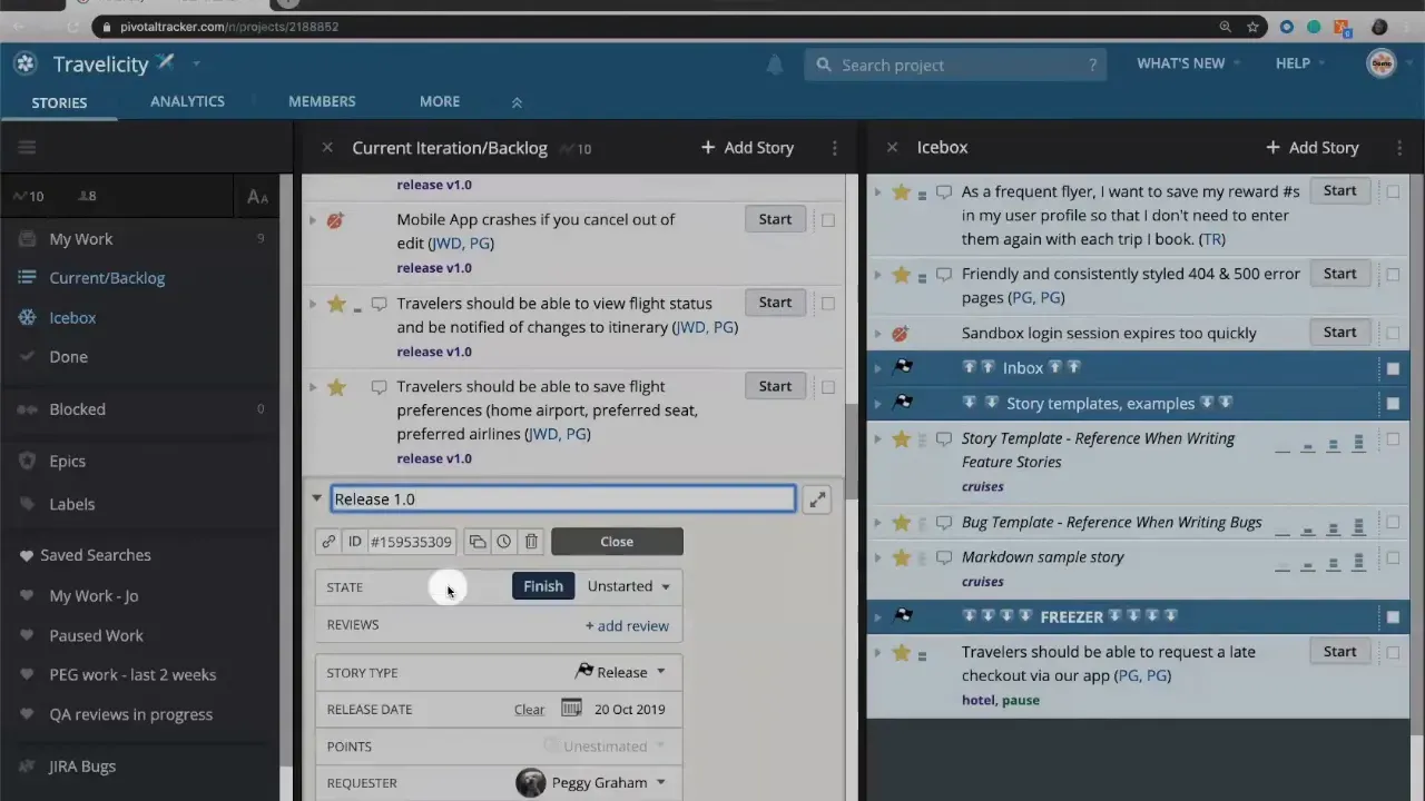 Release story edit panel showing the title 'Release 1.0' and a release date field set to 20 Oct 2019