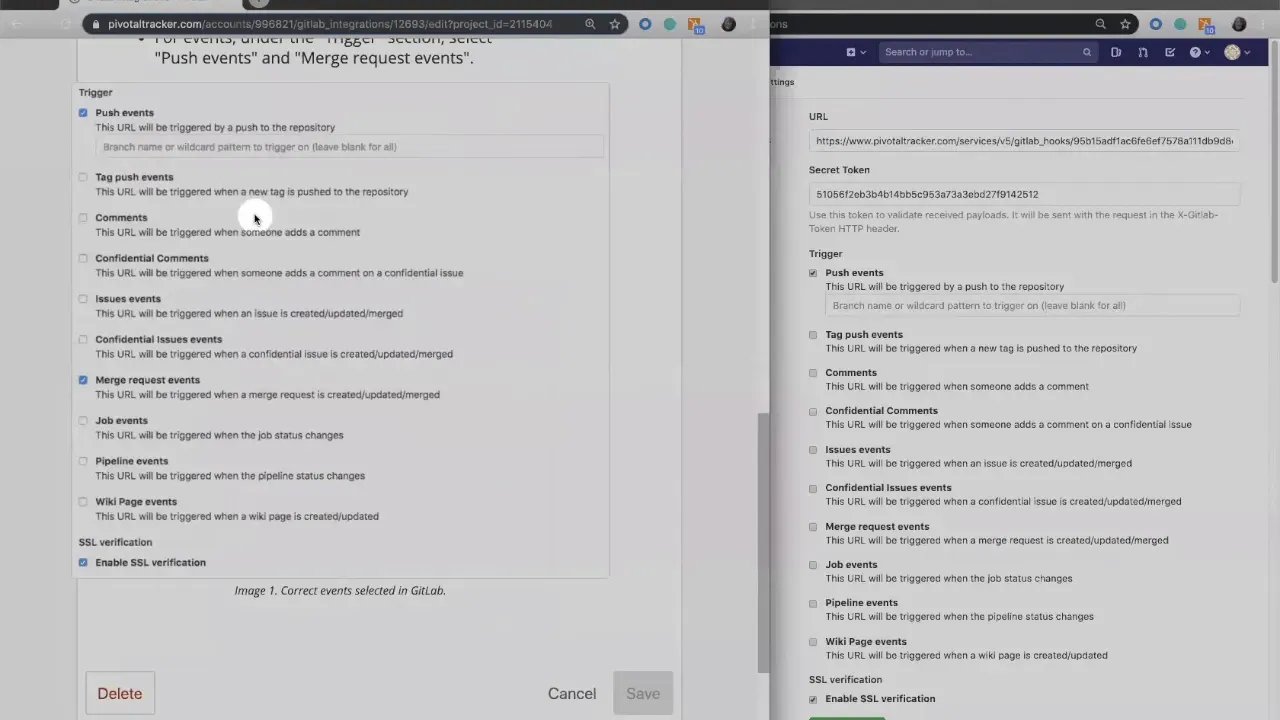 GitLab integrations triggers list showing Push and Merge Request events checked and SSL verification option