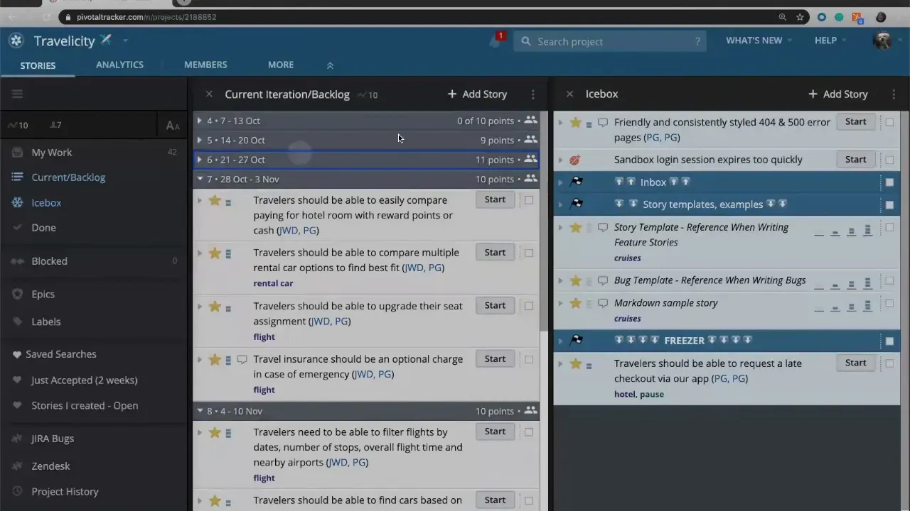 Backlog view showing multiple iteration markers (including '6 · 21 - 27 Oct' with '11 points') and the icebox — illustrating automatic iteration planning and point totals.