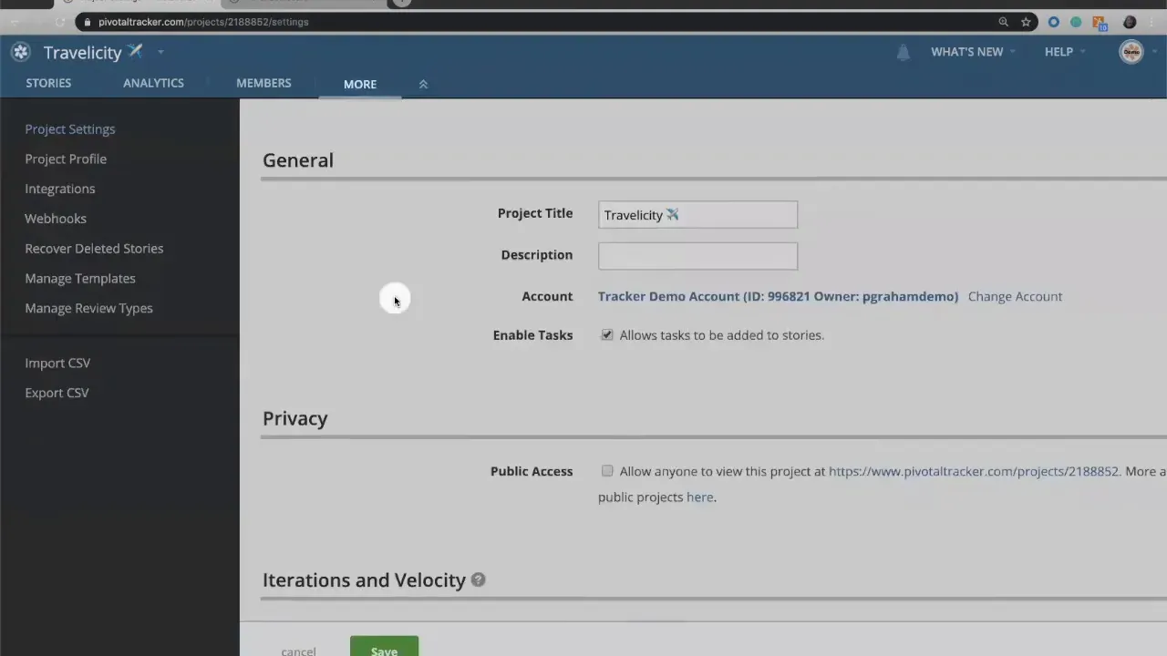 Pivotal Tracker project settings screen showing Import CSV and Export CSV links in the left menu.