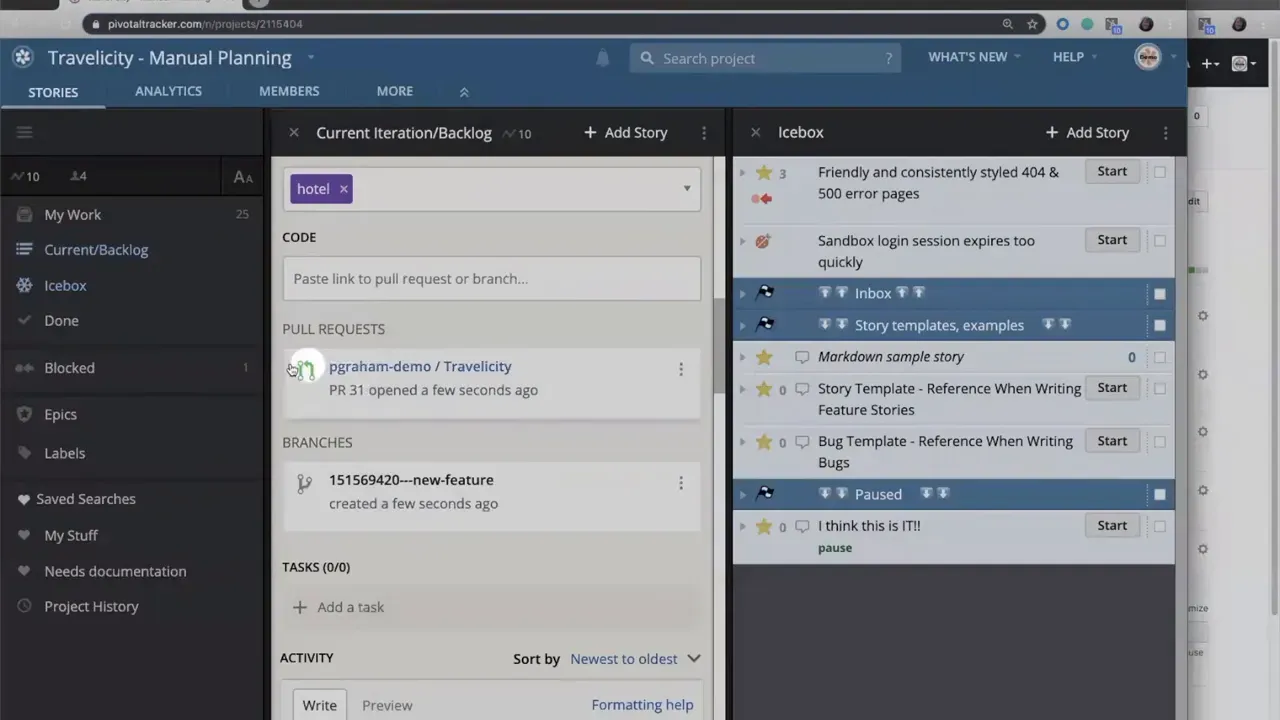 Tracker story detail listing a linked pull request (PR 31) and the branch under the Pull Requests / Branches area.
