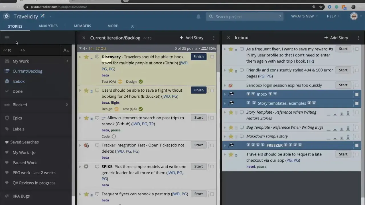 LiteTracker board showing Current Iteration highlighted in gold with backlog story cards and the Icebox column for context.