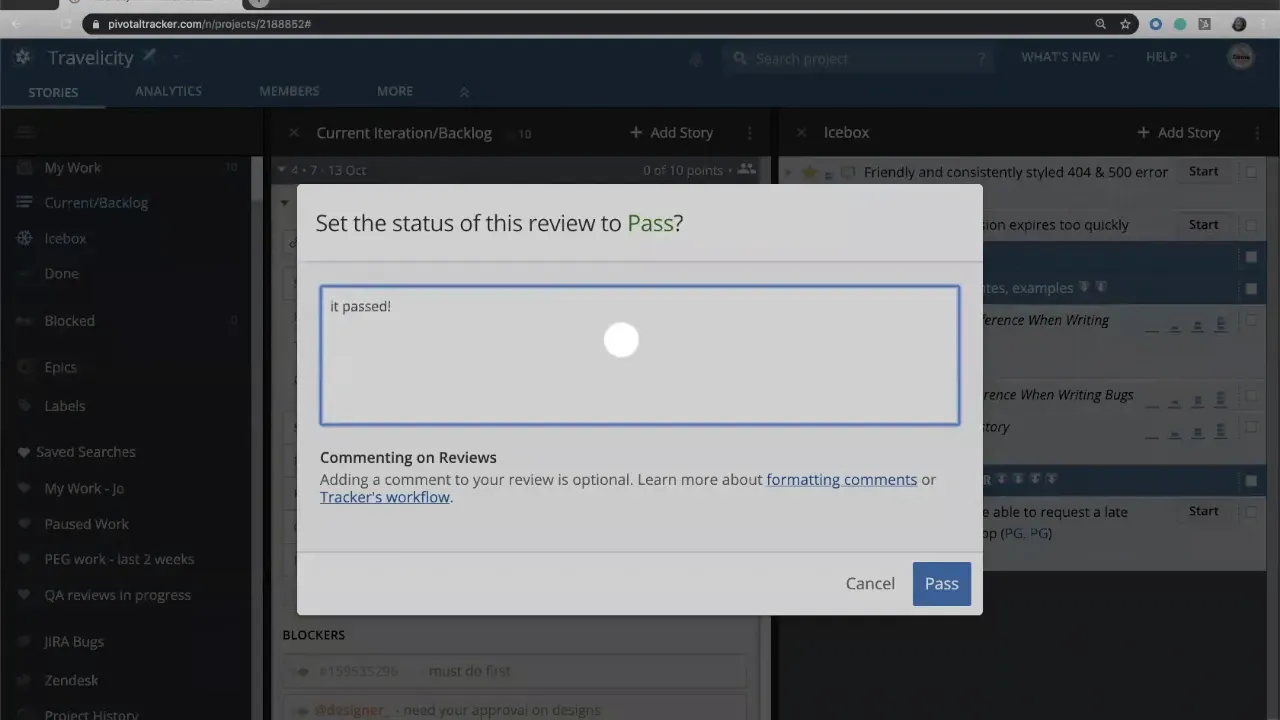 Review pass dialog showing the comment 'it passed!' and the Pass button.