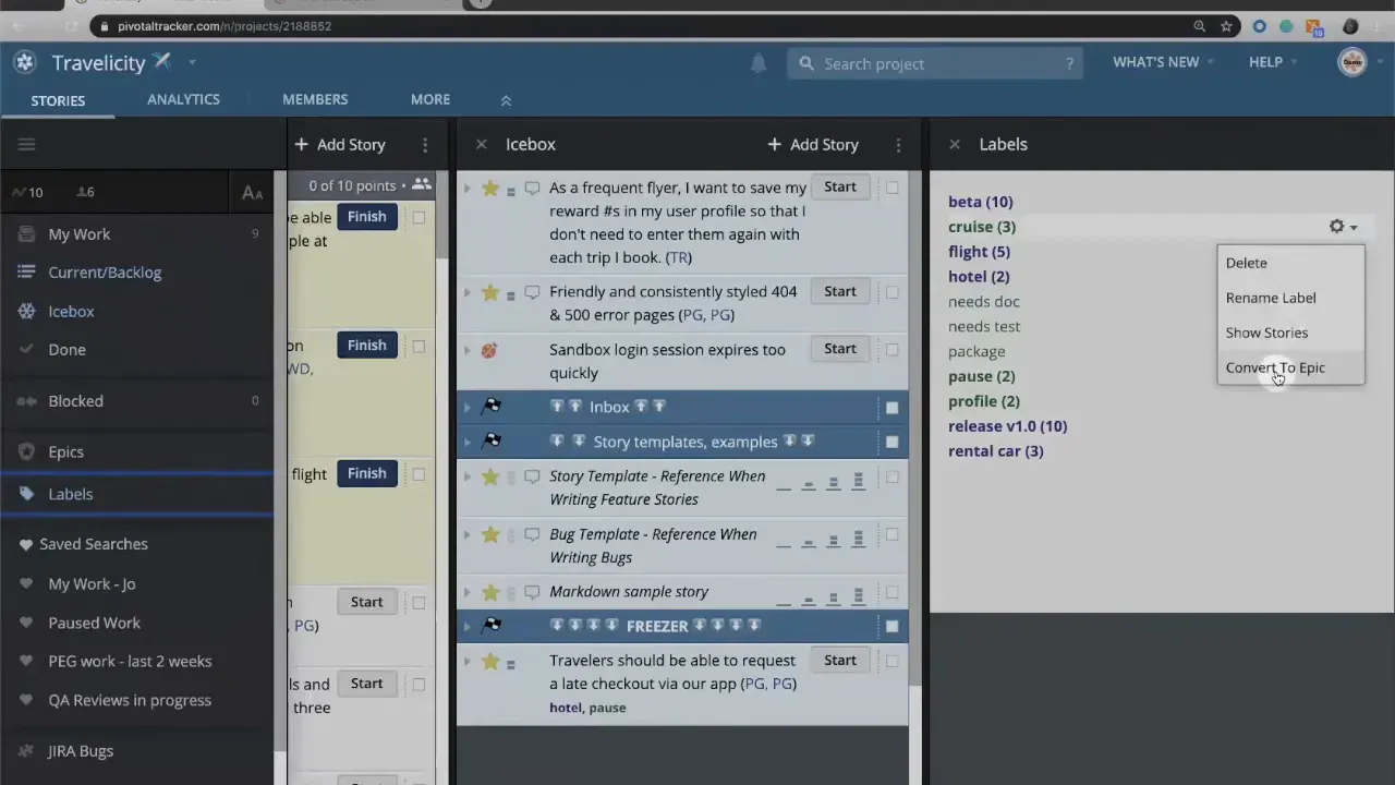 LiteTracker labels panel with a context menu open showing the 'Convert To Epic' option.