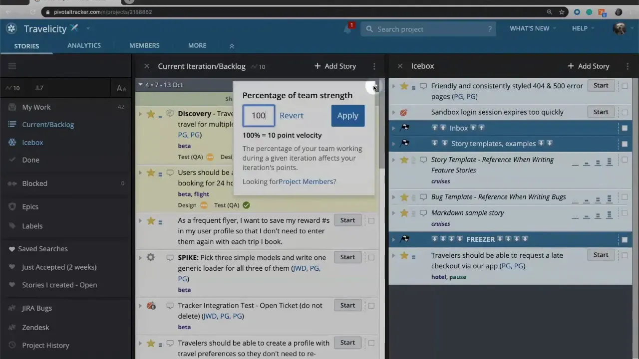 Percentage of team strength dialog over the backlog with input set to 100% and an Apply button.