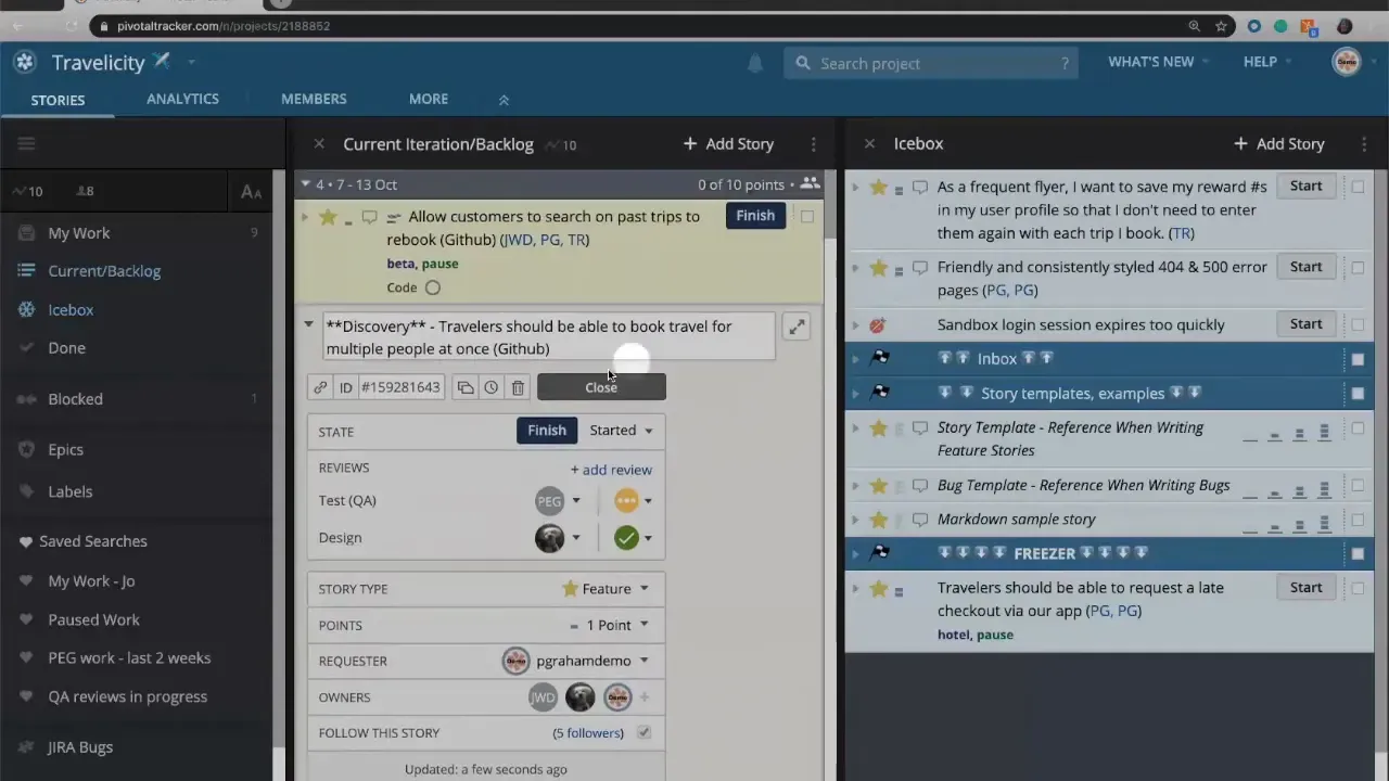 LiteTracker story details view with requester and owner avatars and blocker controls