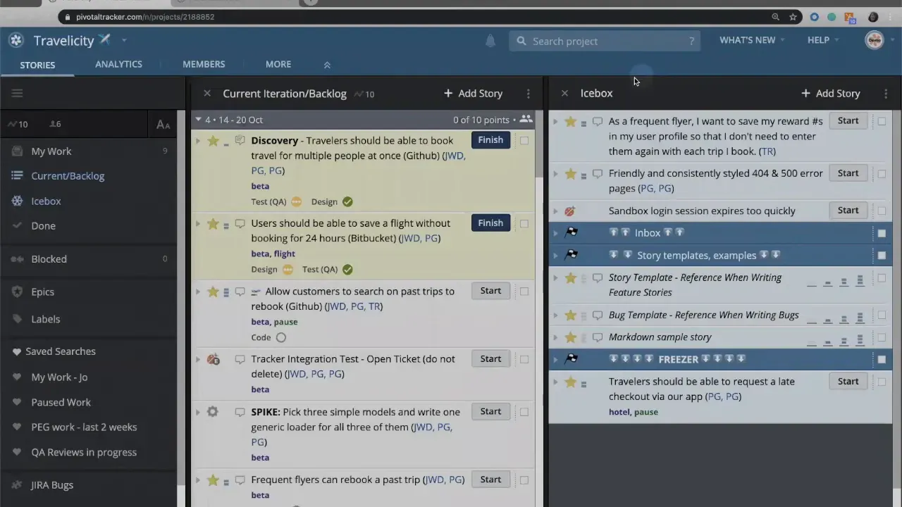 LiteTracker project board showing backlog and icebox columns with story rows and checkboxes for selection