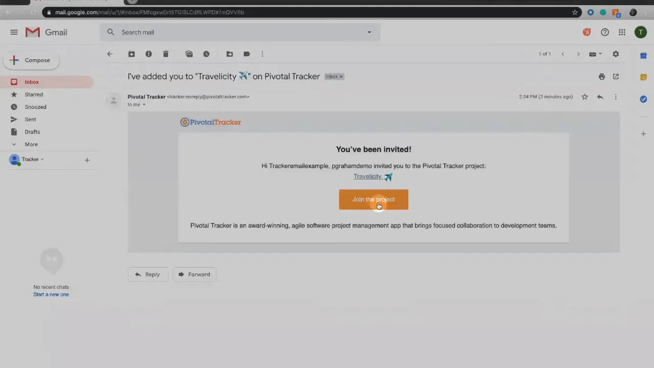 Gmail message open showing a Pivotal Tracker invitation with a prominent 'Join the project' button