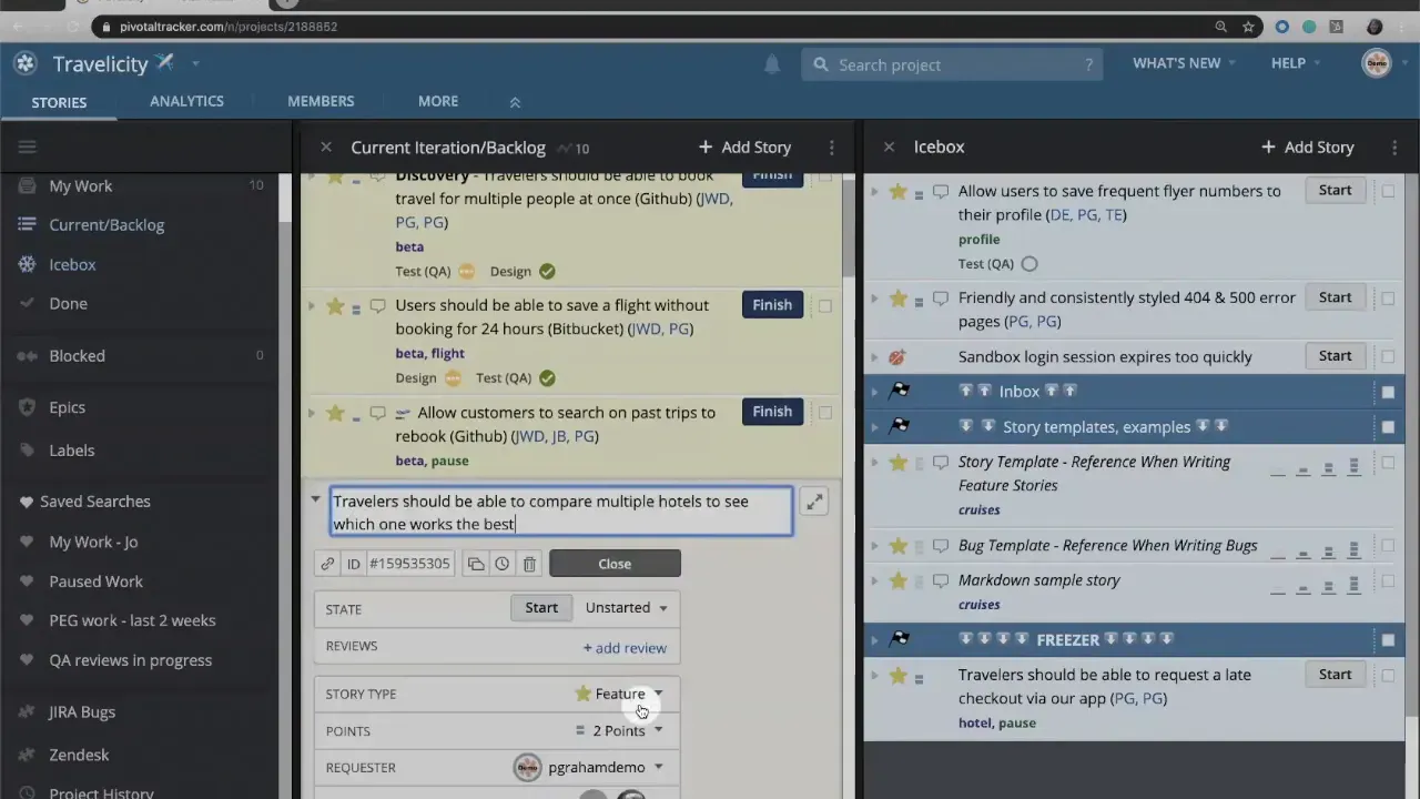 Story details pane in LiteTracker showing points set (2 points) with Start and state controls