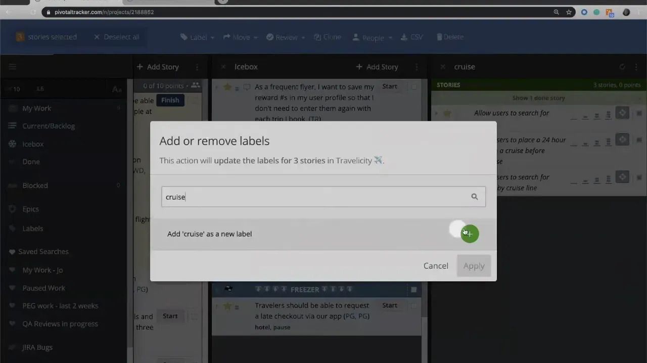 LiteTracker label dialog showing 'cruise' typed and the green add button highlighted to create the label