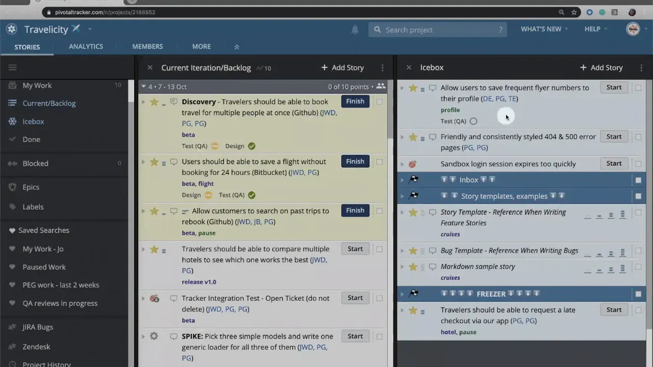 Clear screenshot of LiteTracker showing both the Current Iteration/Backlog and Icebox columns, suitable for illustrating moving an item from the Icebox.