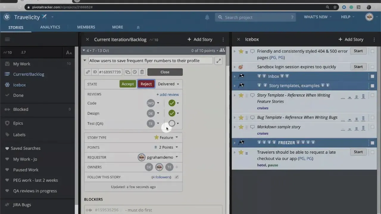 LiteTracker story detail showing code, design, and QA review status icons with QA in progress