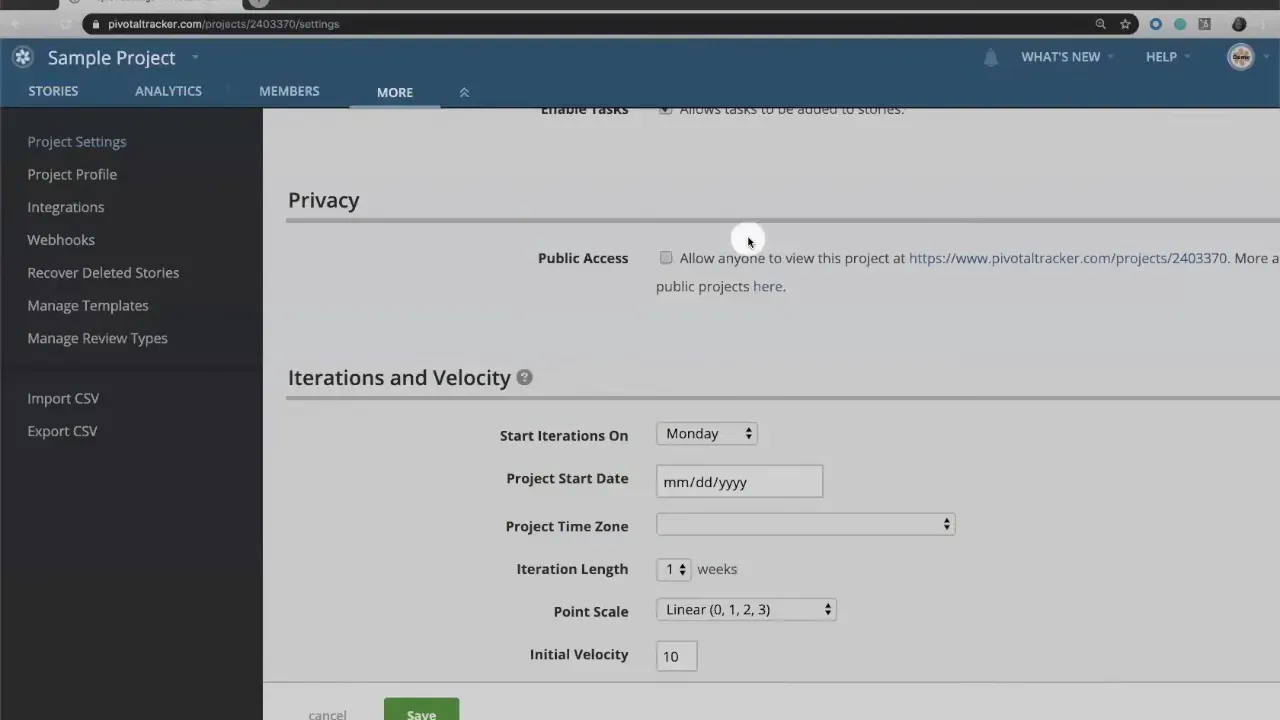 Tracker project settings page showing Privacy section with Public Access checkbox