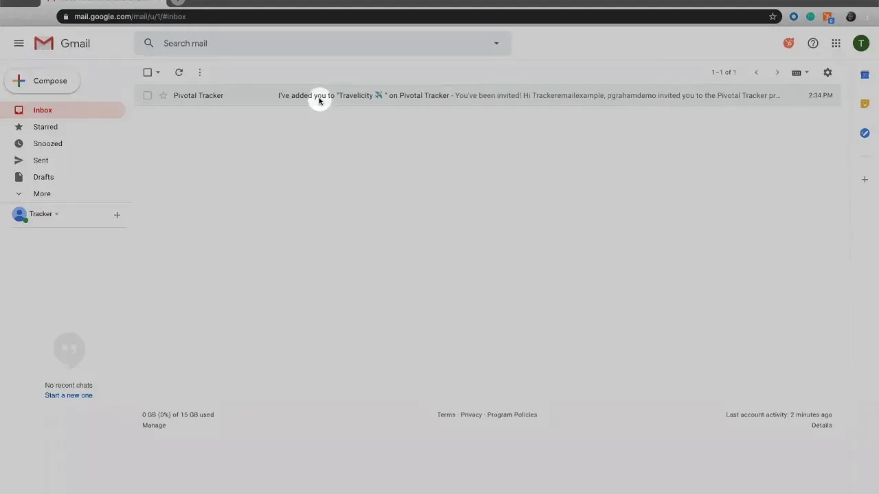 Gmail inbox showing a Pivotal Tracker invitation email in the message list