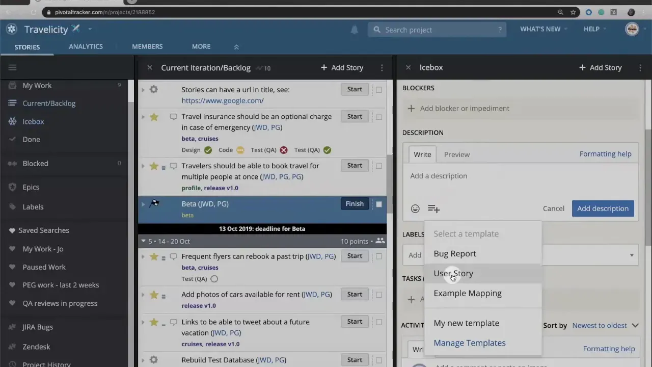 Template dropdown open in the LiteTracker description area showing options like Bug Report, User Story and Example Mapping.