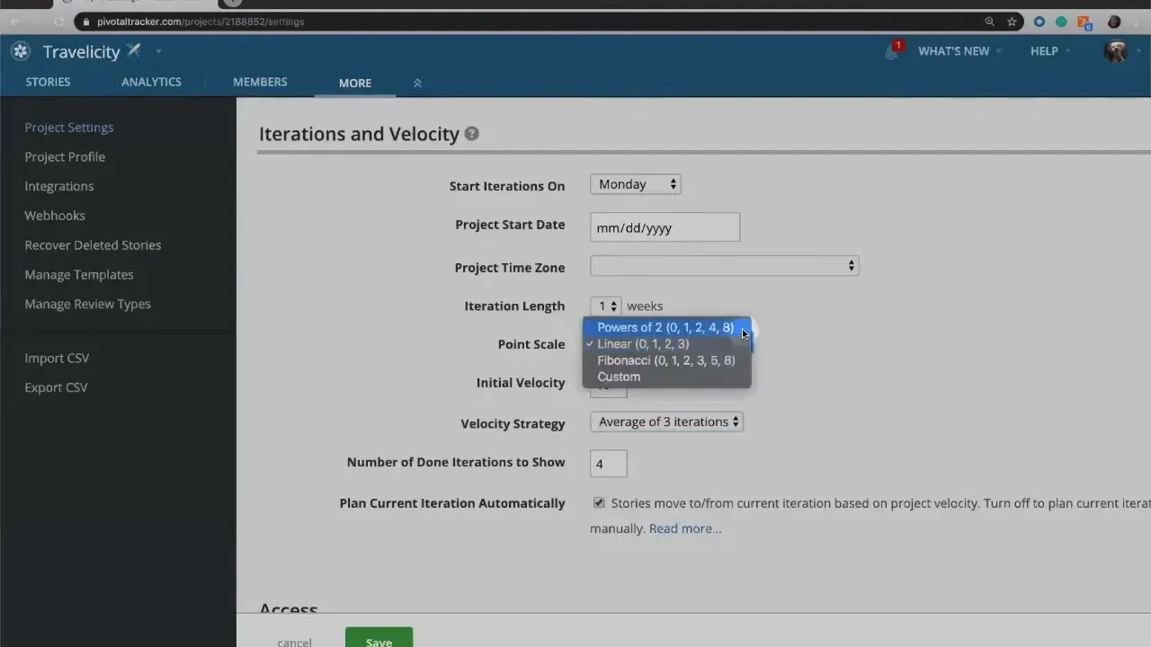 Point scale dropdown open in LiteTracker settings showing Powers of 2, Linear, Fibonacci and Custom