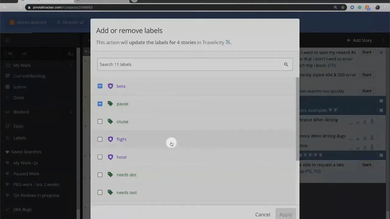 Add or remove labels dialog in LiteTracker showing a searchable list of labels (beta, pause, cruise, flight, hotel, needs doc, needs test)