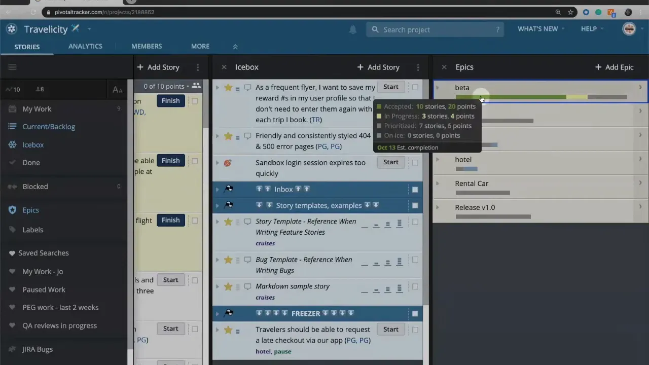 Epic progress bar tooltip showing accepted, in progress, prioritized counts and points