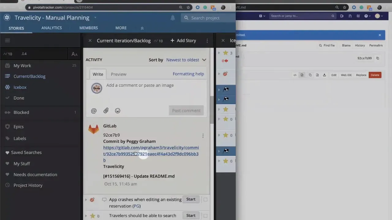 Tracker story activity panel showing a GitLab commit entry with a link to the commit and the referenced story ID.