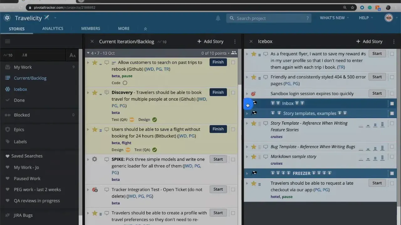 Pivotal Tracker icebox with 'Inbox' and 'Freezer' release markers highlighted to show section dividers