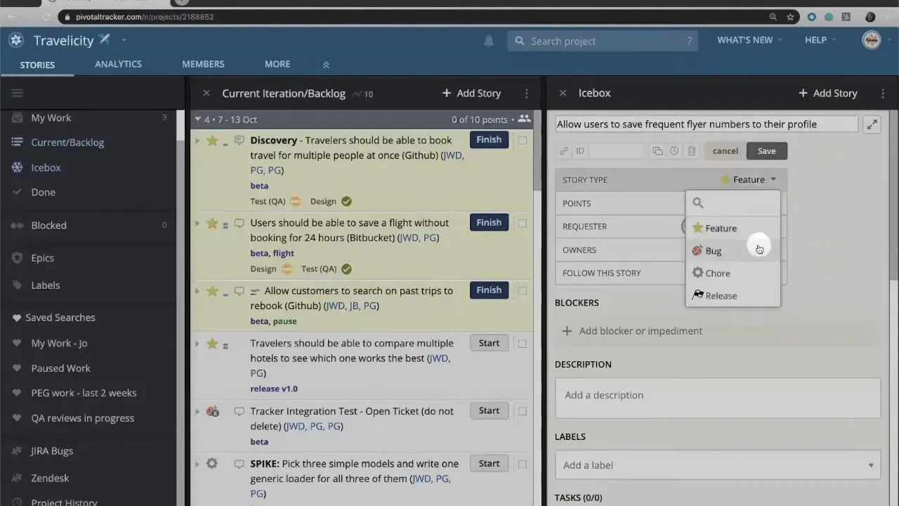 LiteTracker Story Type dropdown open showing Feature, Bug, Chore, and Release options