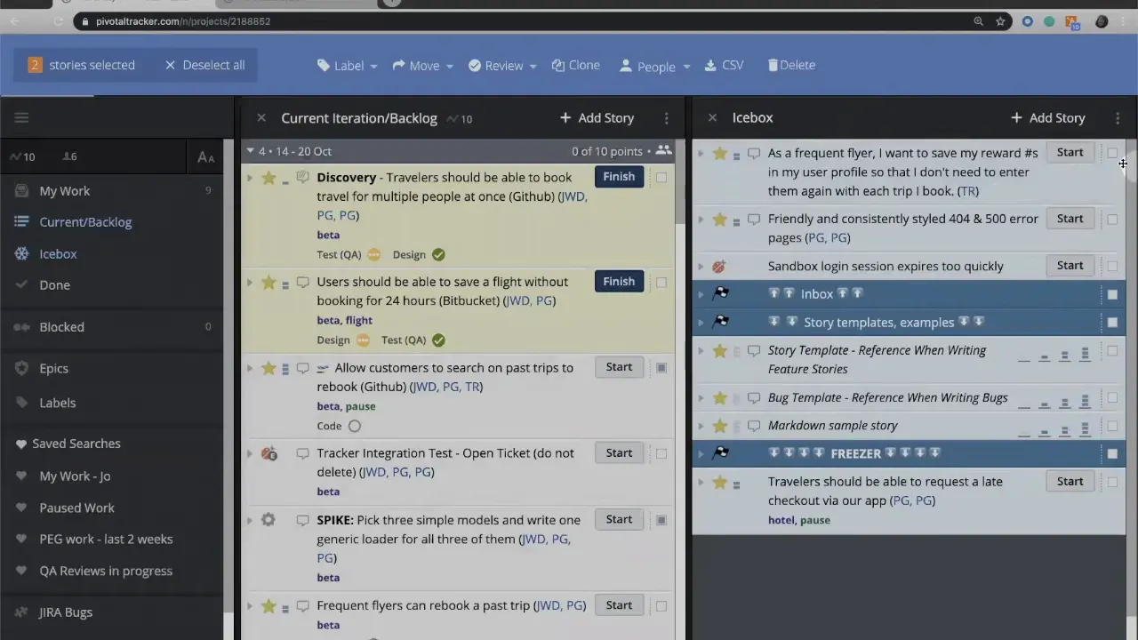 LiteTracker project view showing selected stories and the bulk actions banner