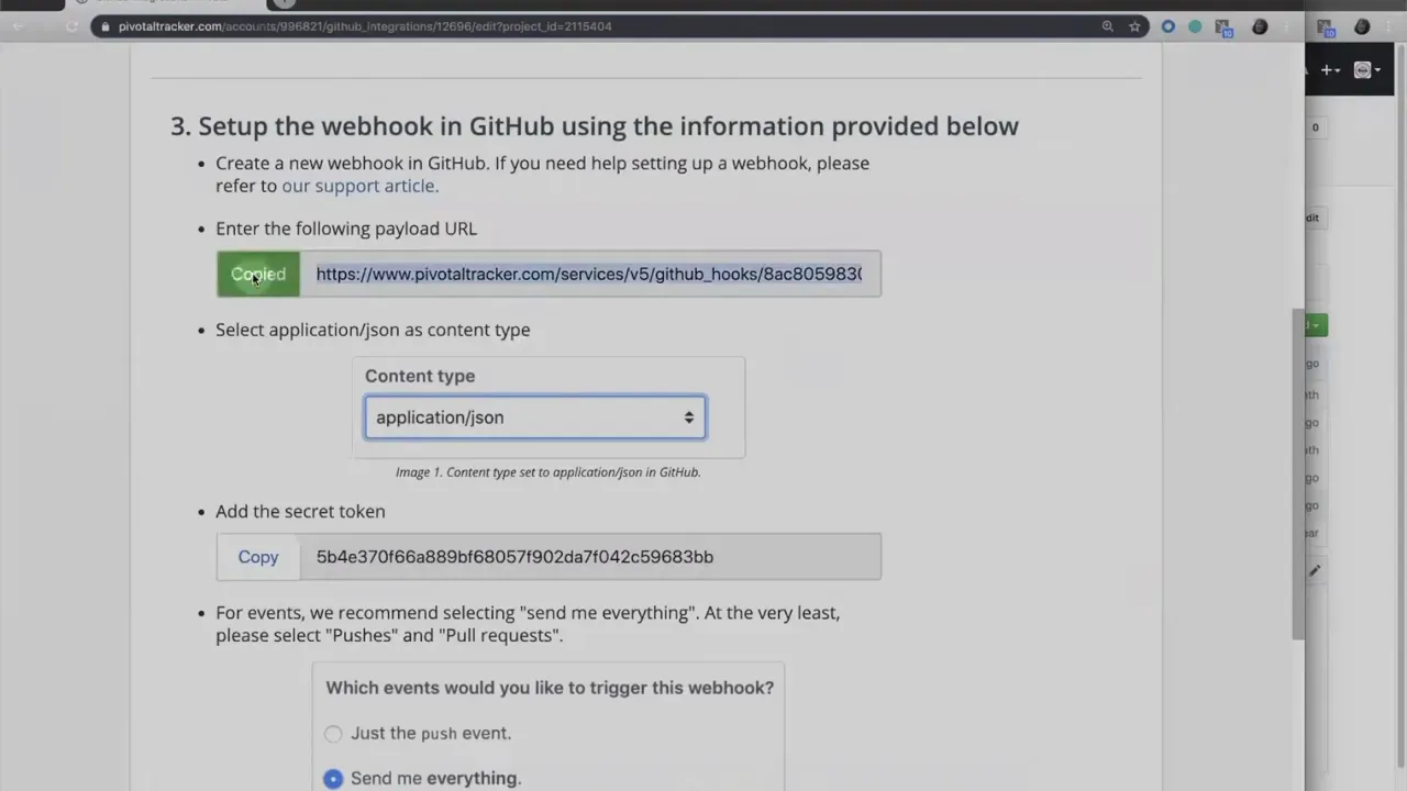 Tracker page displaying the payload URL highlighted with a 'Copied' badge and the secret token field