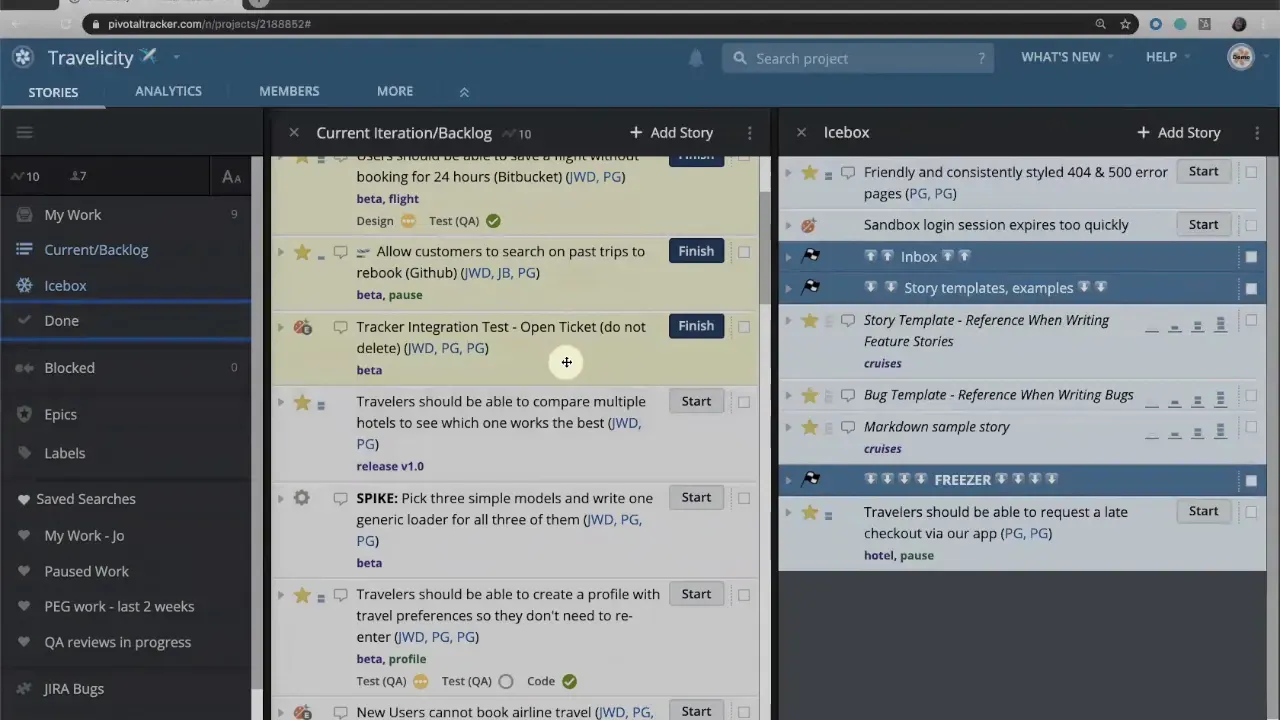 Clear LiteTracker board screenshot showing Current Iteration/Backlog and Icebox columns with 'Bug Template - Reference When Writing Bugs' visible in the Icebox.