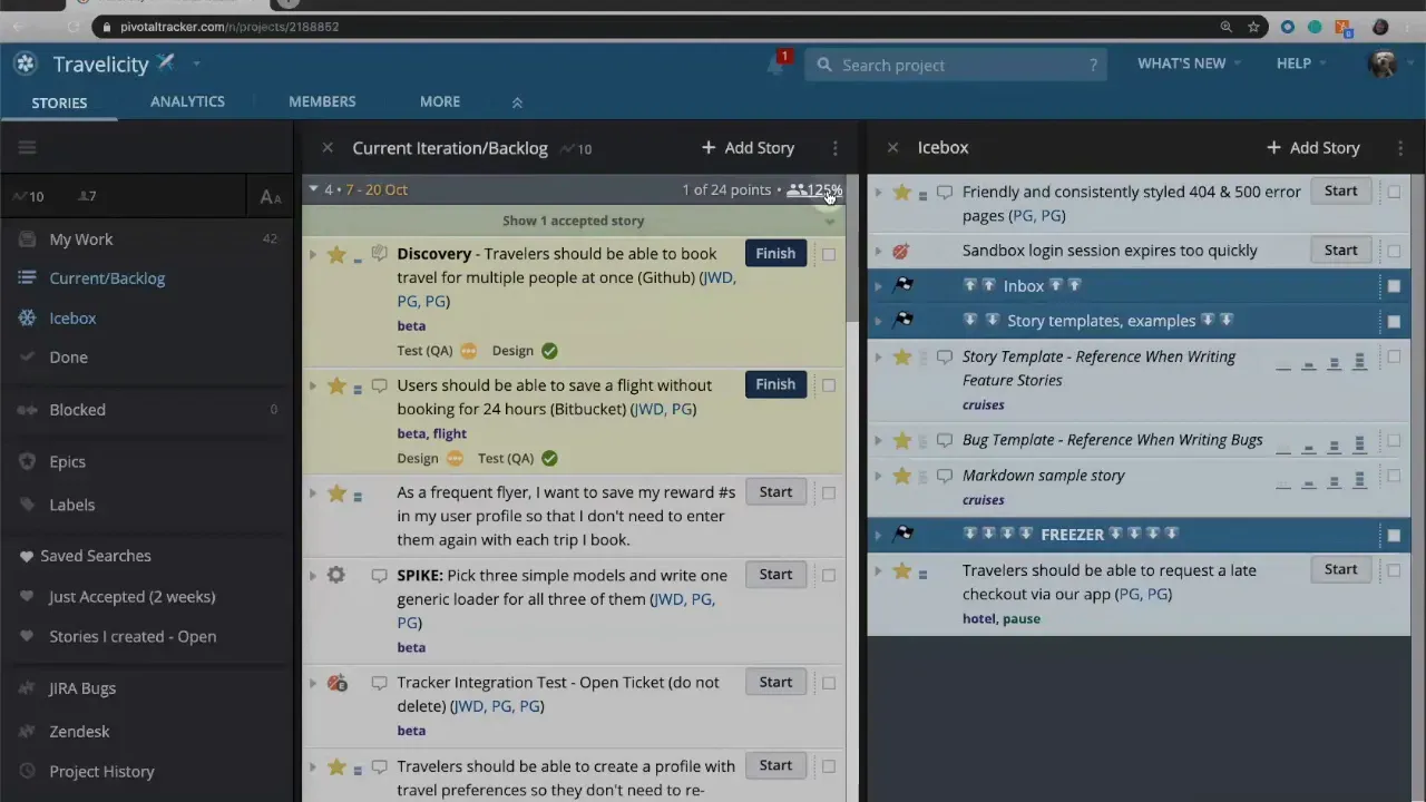 LiteTracker backlog showing an iteration header with planned points and a 125% indicator reflecting scaled team strength.