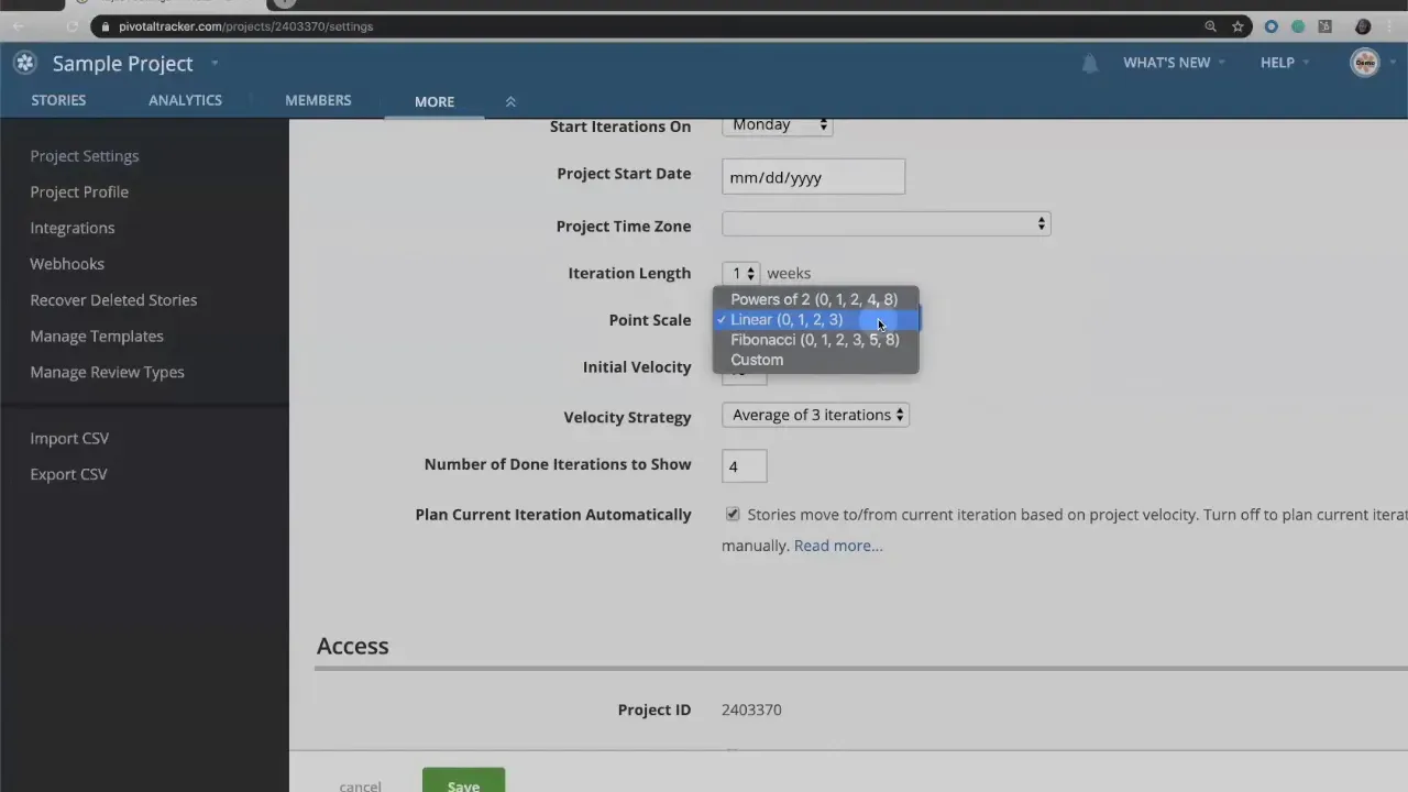 Pivotal Tracker project settings page showing Iteration Length, Project Time Zone field, and the Point Scale dropdown with 'Linear (0, 1, 2, 3)' selected.