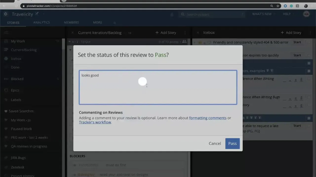 Review pass dialog with the comment 'looks good' entered and the Pass button visible to accept the review.