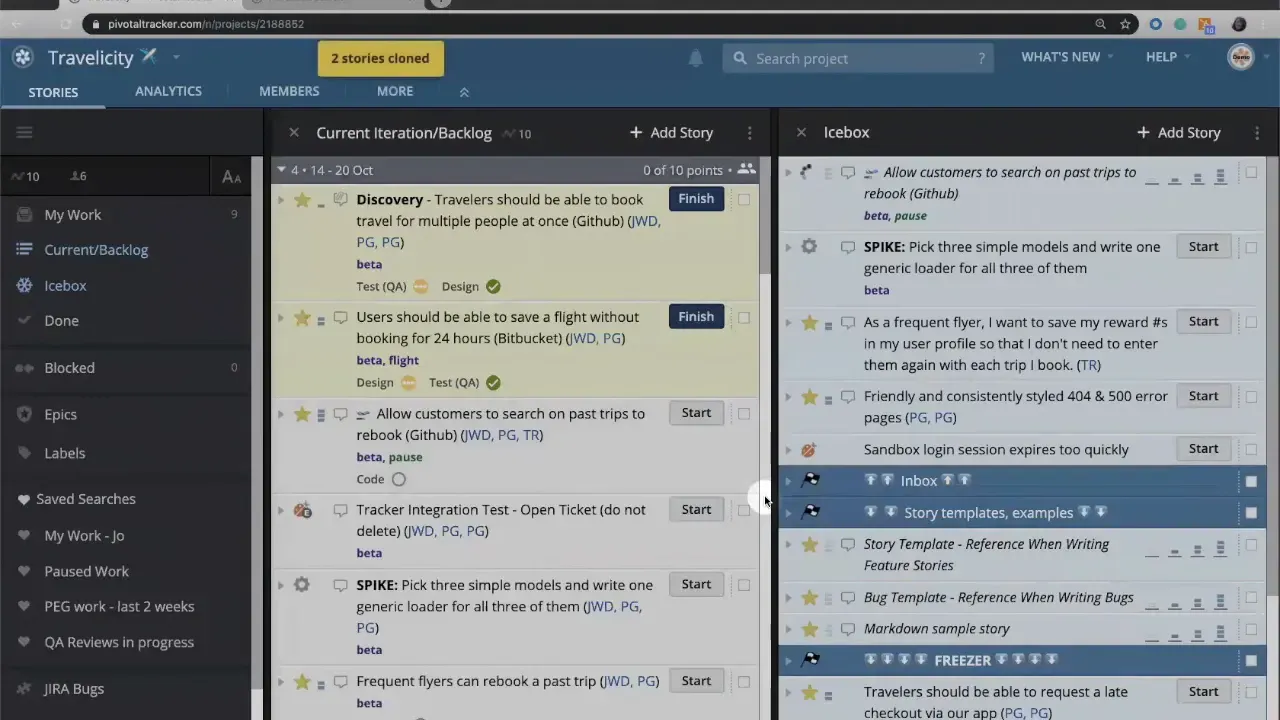 LiteTracker project board with a yellow '2 stories cloned' confirmation banner at the top