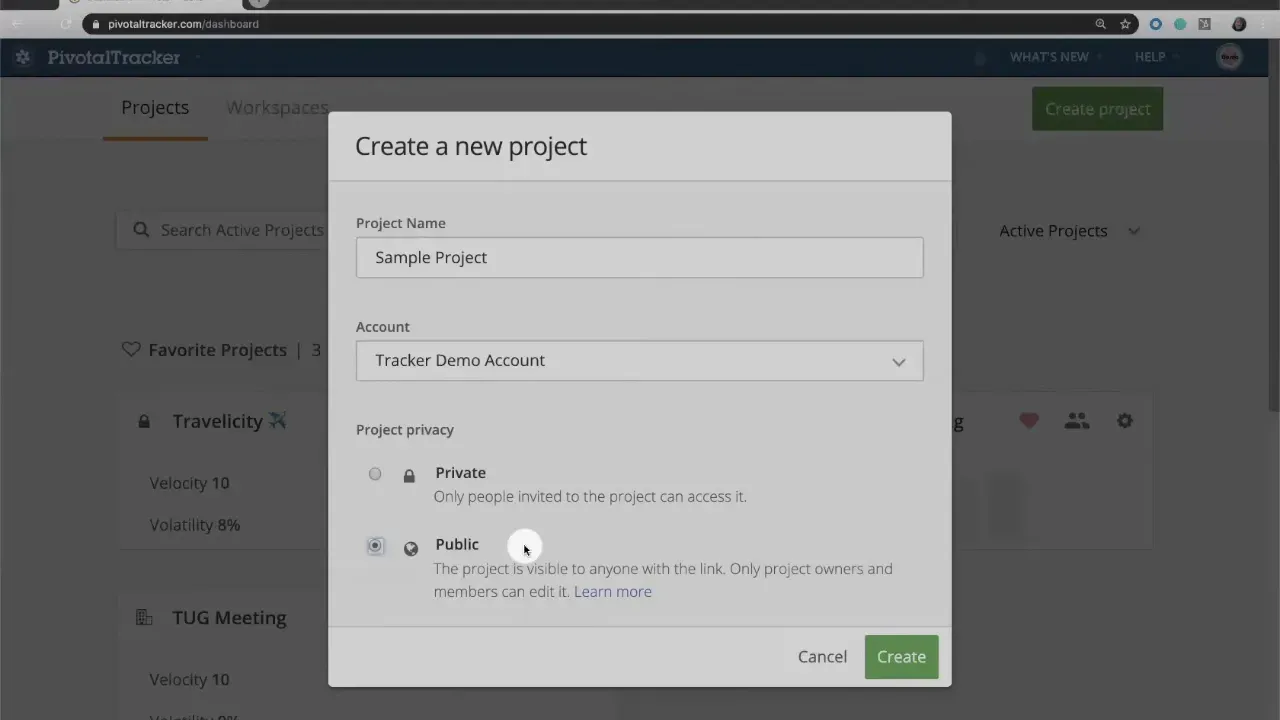 Tracker 'Create a new project' dialog showing Project Name, Account selector and Project privacy options (Private / Public).