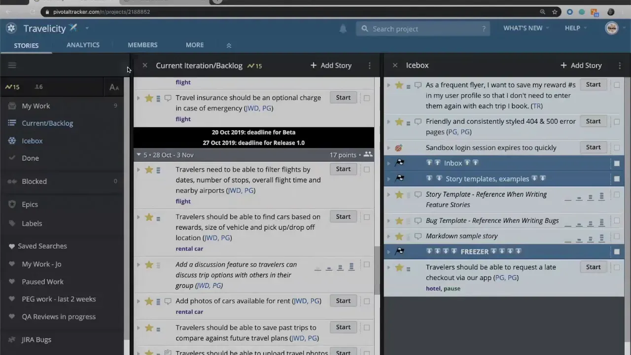 LiteTracker iteration header displaying '17 points' capacity with backlog and icebox columns visible