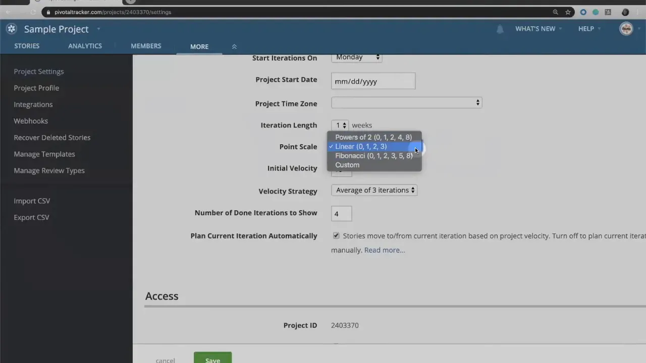 Tracker project settings page showing the Point Scale dropdown with 'Linear (0, 1, 2, 3)' selected, and the Initial Velocity field below.