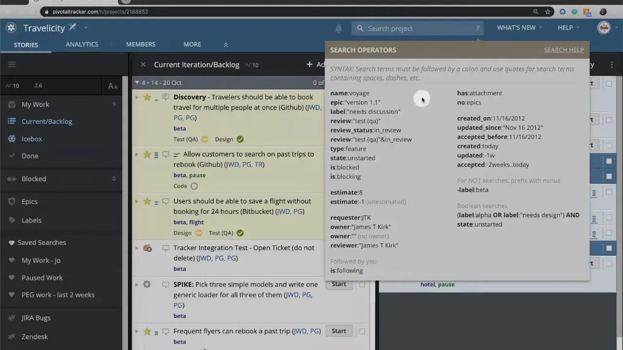 Search operators cheat sheet overlay in LiteTracker showing example query operators and syntax
