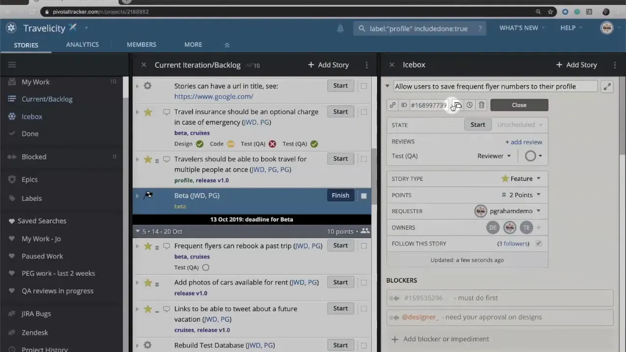 LiteTracker story panel with clone icon hovered and story details visible