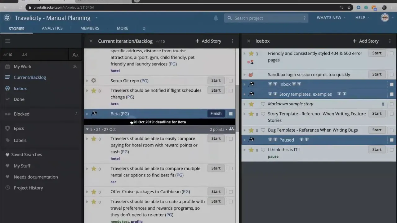 LiteTracker Stories view showing Current Iteration/Backlog and Icebox columns with multiple stories