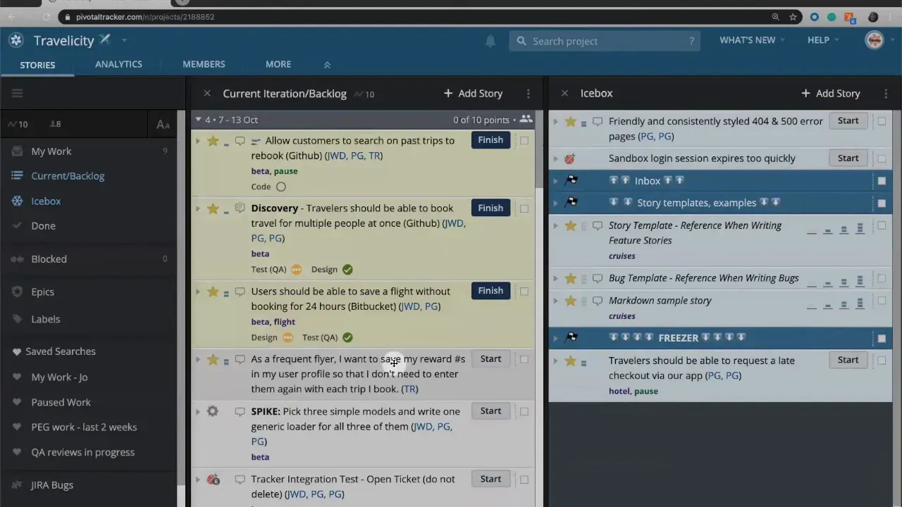Crisp Pivotal Tracker screenshot showing Current Iteration/Backlog and Icebox columns with blue release markers and story entries.