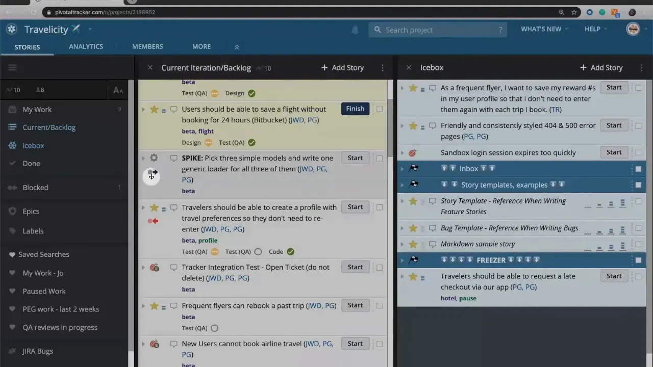 LiteTracker backlog showing a SPIKE story with blocker icons indicating dependencies between stories