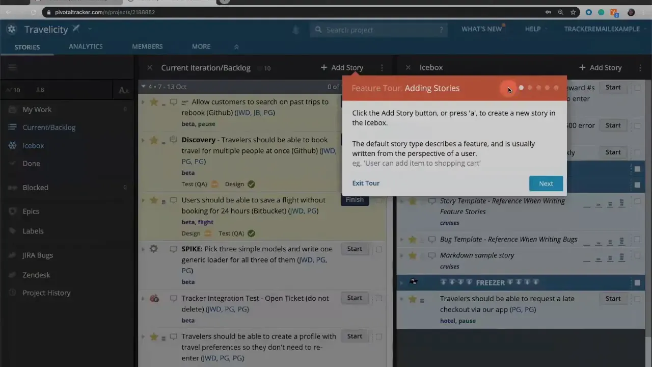 Pivotal Tracker quick tour popup titled 'Adding Stories' showing guidance text and a Next button over the backlog