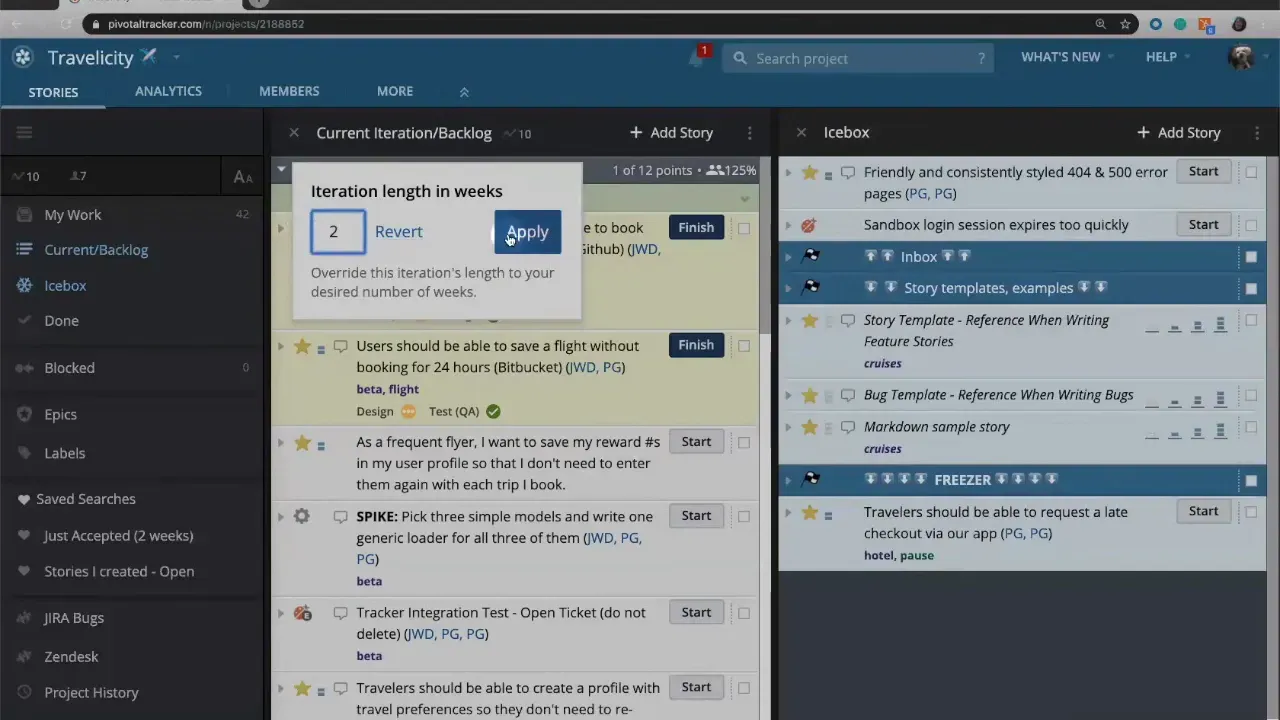 Iteration length override dialog with the value set to 2 and the Apply button active, overlaying the LiteTracker backlog.