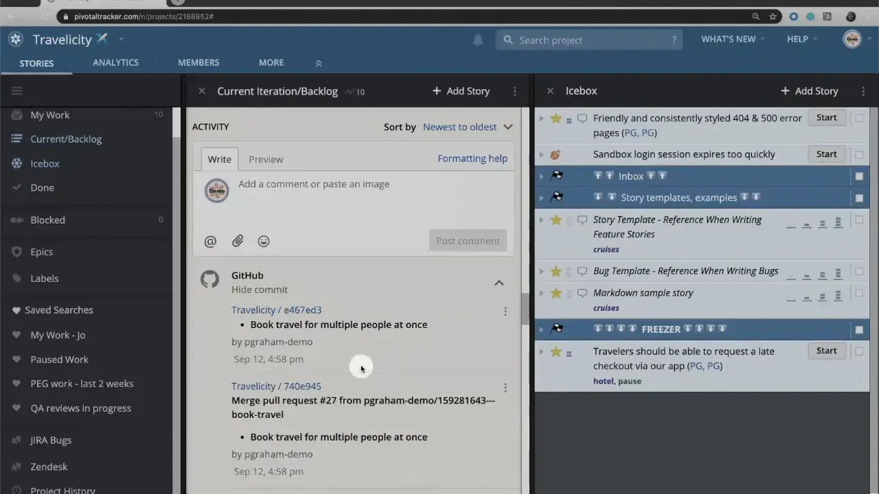 LiteTracker story activity feed showing linked GitHub commits and commit messages inside the Current Iteration/Backlog view.