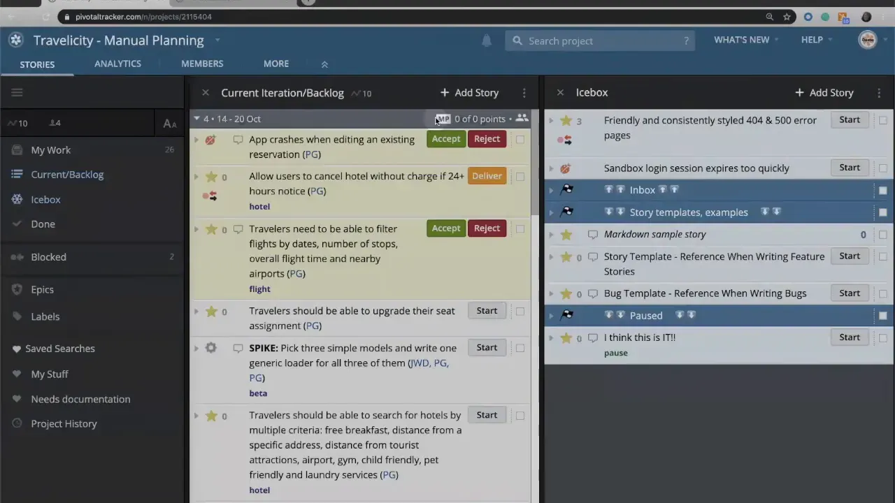Close screenshot of LiteTracker showing MP manual-planning badge in the Current Iteration/Backlog header