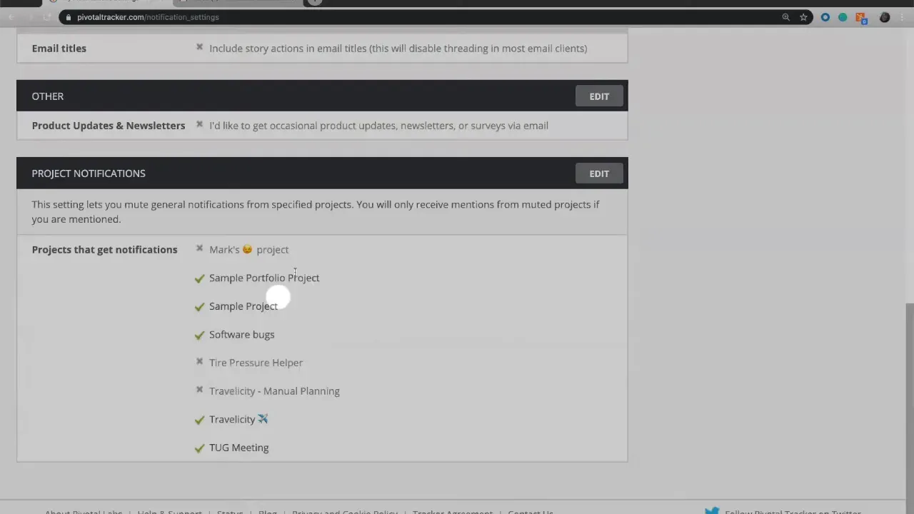 Project notifications panel with 'Projects that get notifications' list and edit button